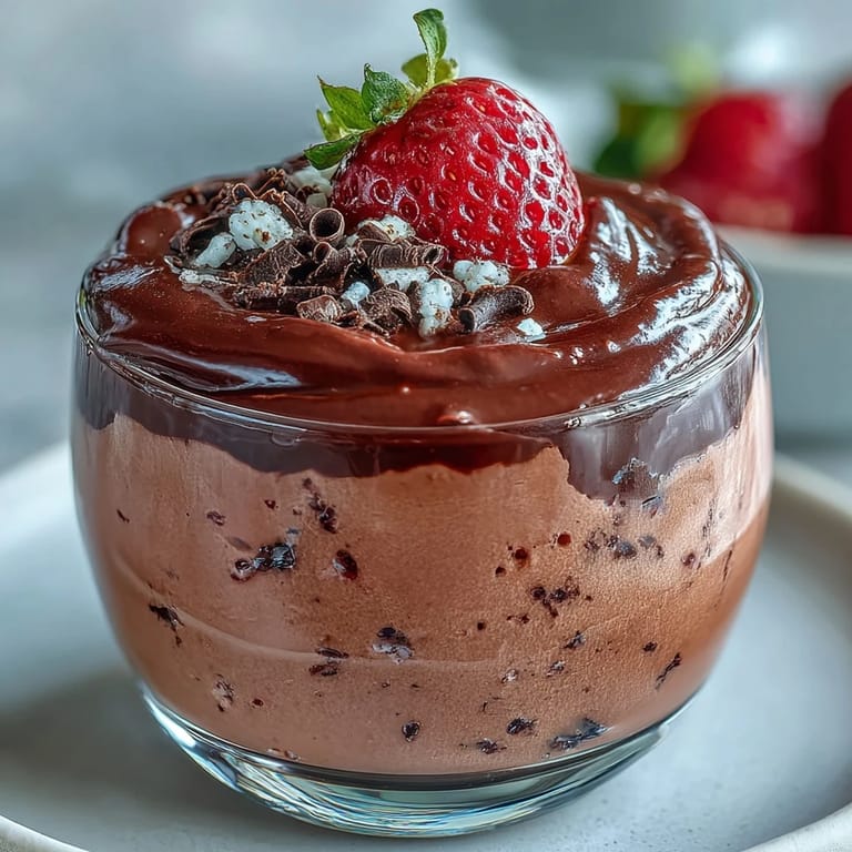 Chocolate-Covered Strawberry Mousse served in clear glasses, topped with shaved chocolate curls and ripe strawberry halves.  