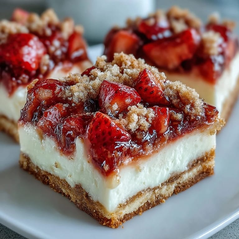 Freshly baked strawberry cheesecake bars sliced into neat squares, revealing creamy cheesecake layers on a golden brown crumb crust.