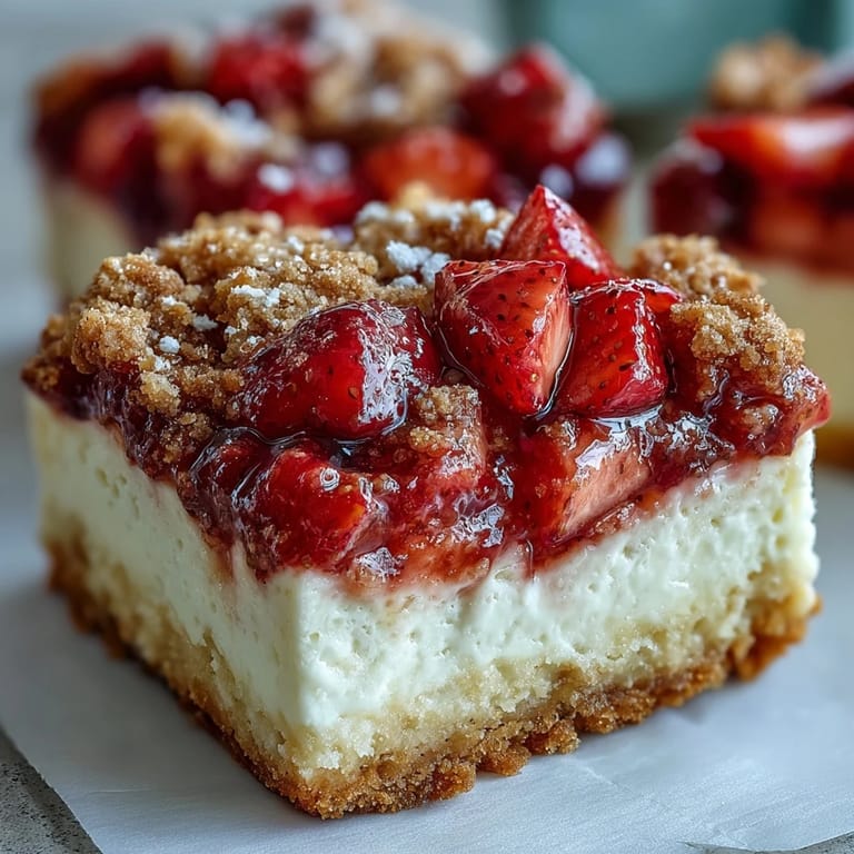 A dessert plate with strawberry cheesecake bars and a dollop of whipped cream, ready for a picnic or party.