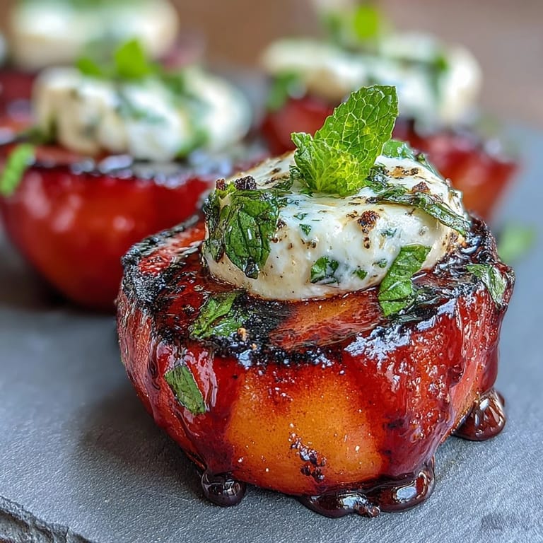 Sweet and tangy Balsamic-Goat Cheese Grilled Plums garnished with fresh mint leaves.