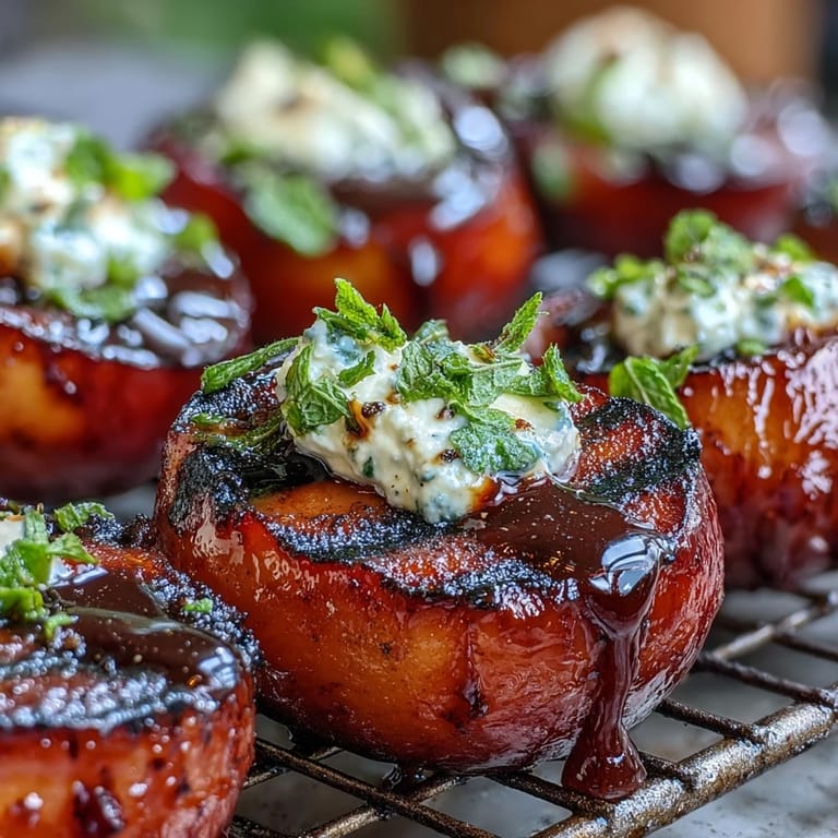 Warm Balsamic-Goat Cheese Grilled Plums topped with melted cheese and glossy glaze.