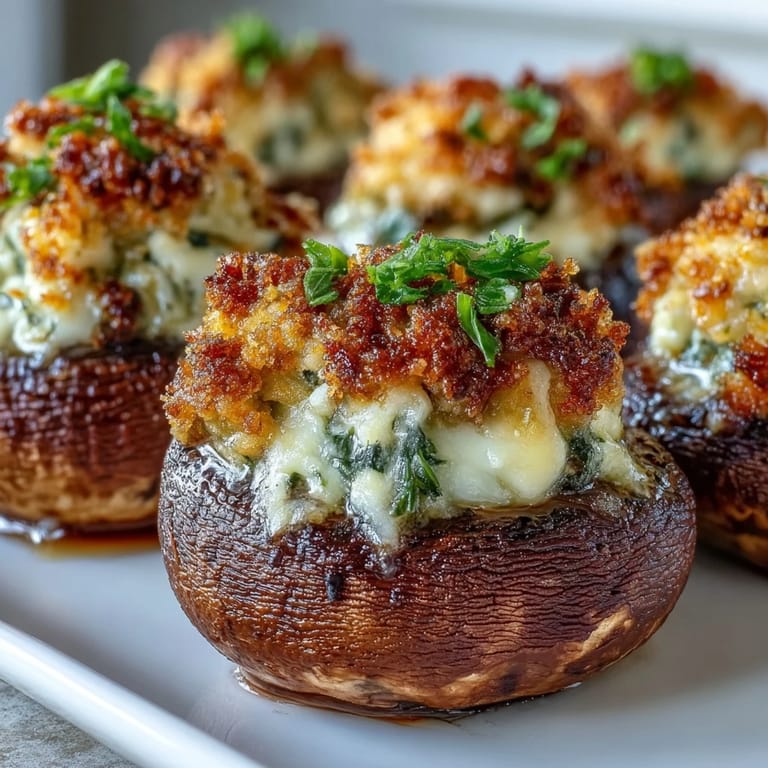 Savory Stuffed Asiago-Basil Mushrooms with melted cheese and fresh basil, ready to serve at a party.