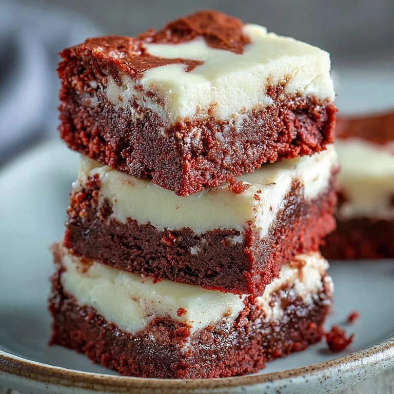 Fudgy red velvet cheesecake brownies with visible layers and red swirls, perfect for a decadent, indulgent American dessert.