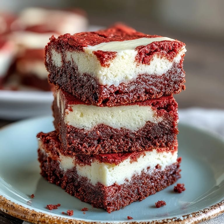 Slice of red velvet cheesecake brownie on a dessert plate, with a dollop of whipped cream for a festive treat.