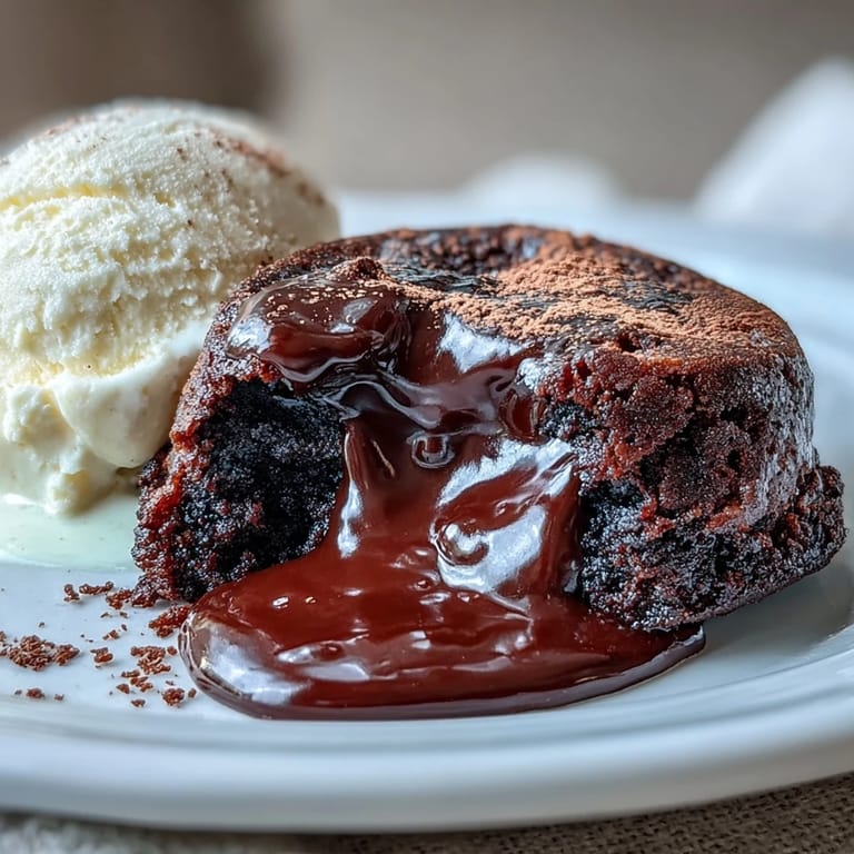 Close-up view of a rich Chocolate Lava Cake with espresso powder, cut open to reveal its gooey, warm chocolate interior.  