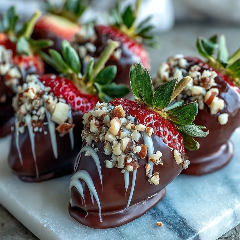 A close-up of chocolate-covered strawberries with chopped nuts, highlighting their sweet, crunchy texture.