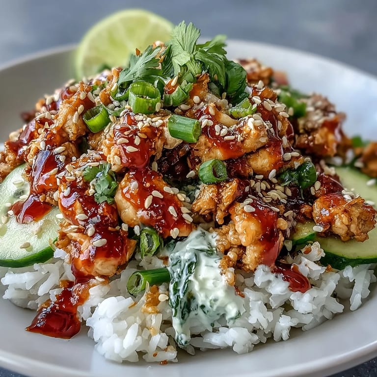 Savory Bang Bang Ground Turkey Rice Bowls are topped with sesame seeds, scallions, and cilantro, making an easy, family-friendly Asian-inspired weeknight dinner.