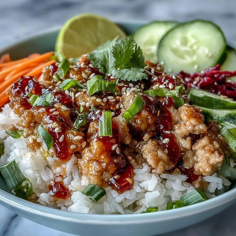 Freshly sliced cucumbers and carrots add crunch to colorful Bang Bang Ground Turkey Rice Bowls, served with lime wedges for a bright squeeze.