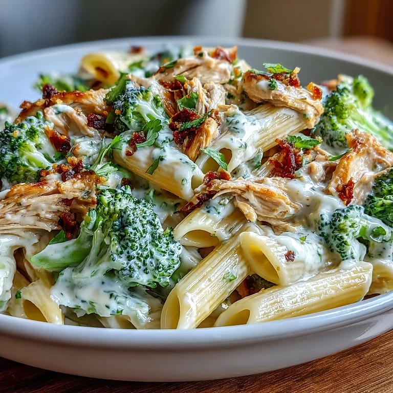 Spoonful of High Protein Rotisserie Chicken Broccoli Pasta lifted above a skillet, steam rising with parsley and red pepper flakes.