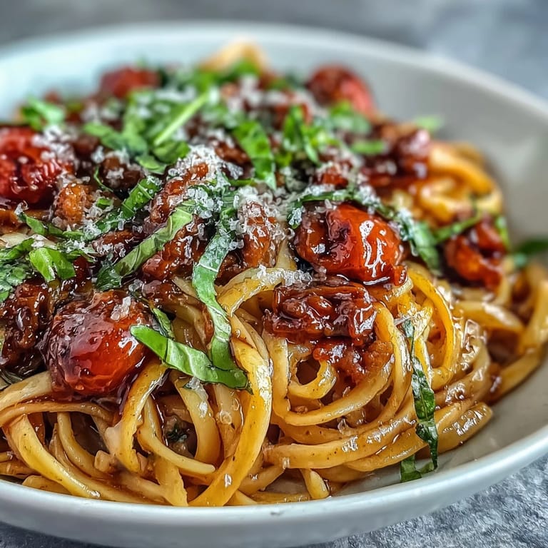 Hearty noodles served in a shallow white bowl with a glass of red wine.