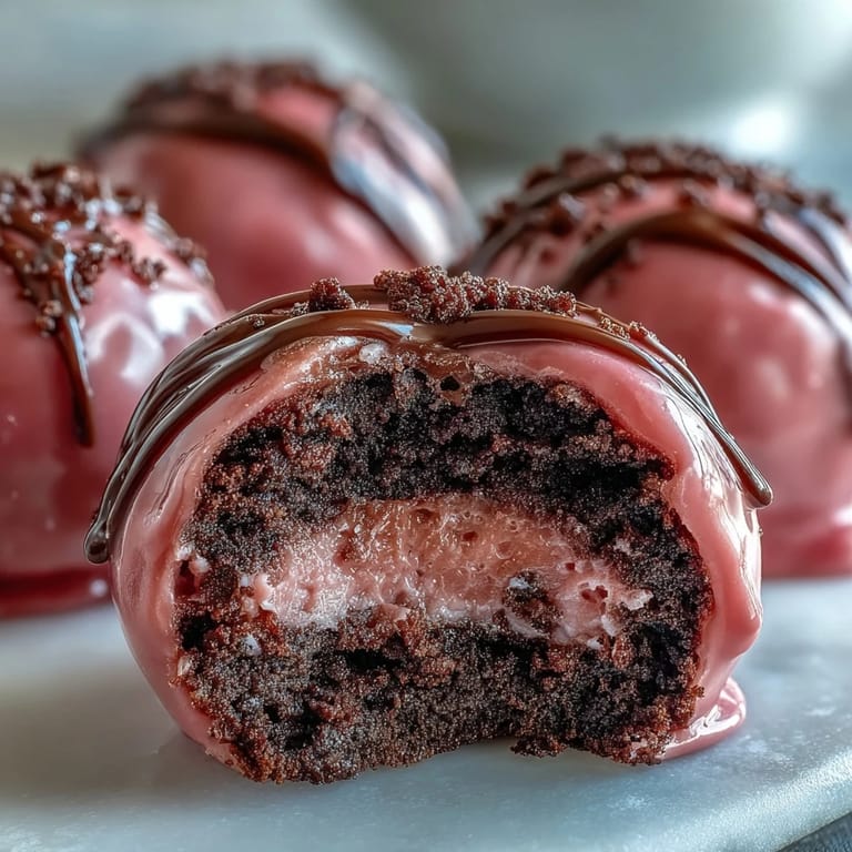 Close up of a bite into a creamy Oreo Truffle Ball revealing a rich pink candy shell and chocolate center.