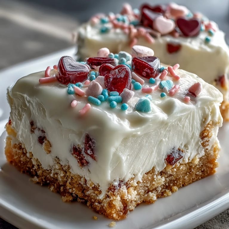 Bright Candy Hearts Fake Cake with a buttery crust, creamy filling, and colorful crunchy heart candies on top.