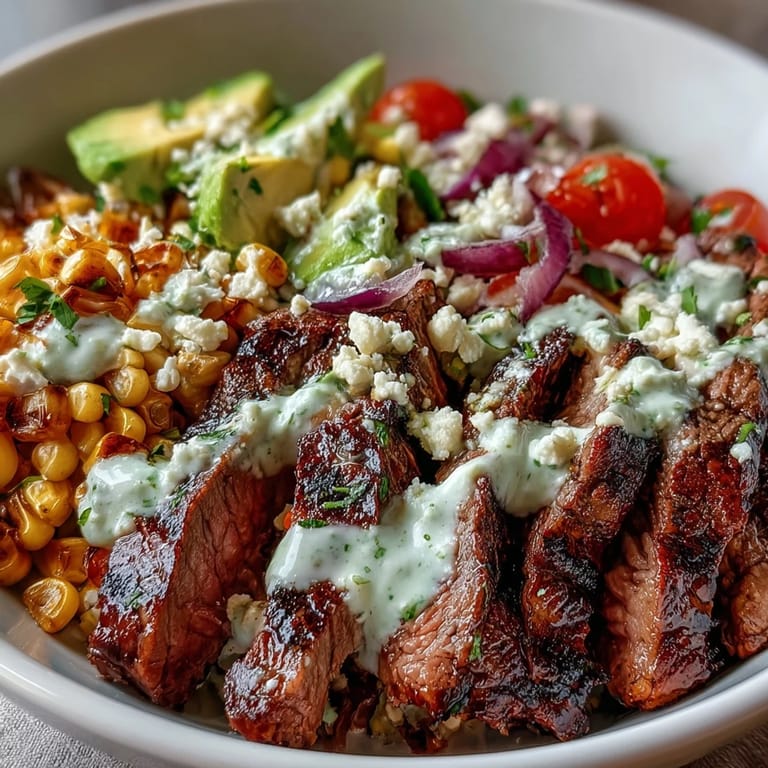 A colorful Tex-Mex dinner with roasted corn and tender steak topped with zesty cilantro cream sauce.