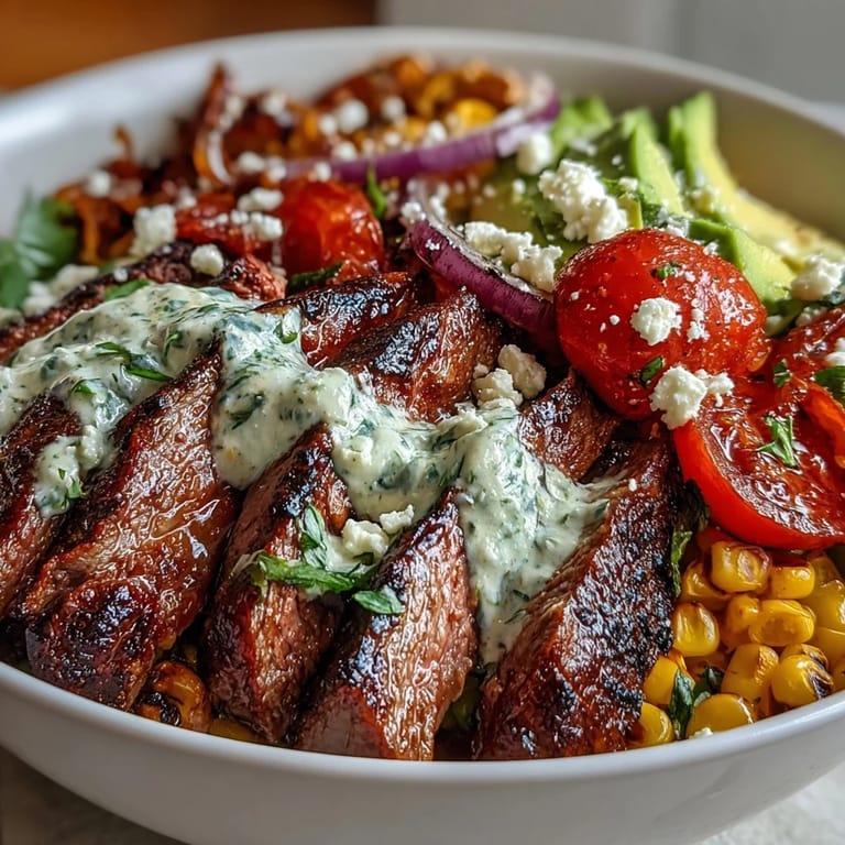 Perfectly seared steak and smoky roasted corn served over rice with avocado and cilantro lime drizzle.