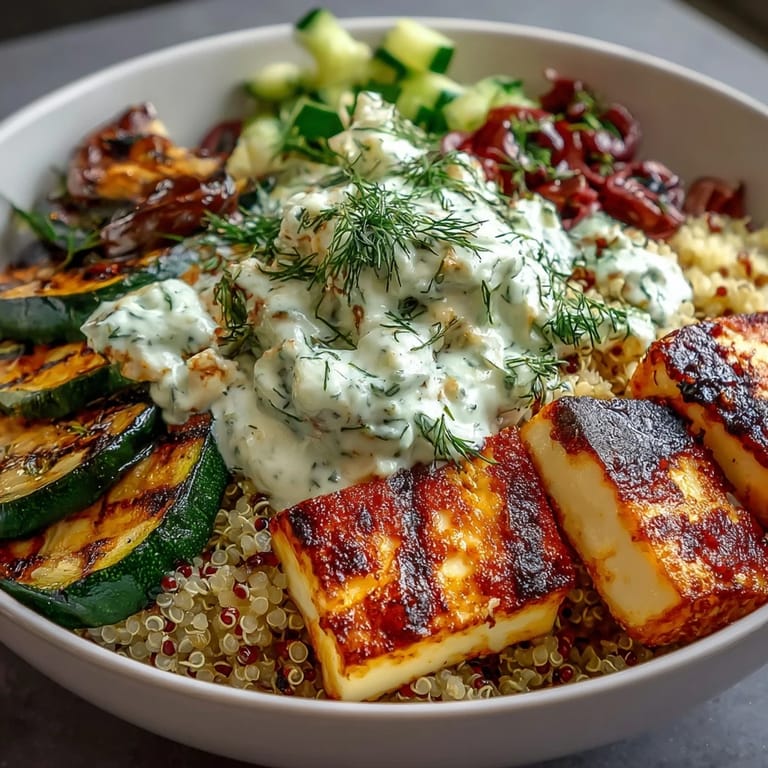 Creamy tzatziki drizzle and crumbled feta top the vibrant bowl, ready to serve for dinner.