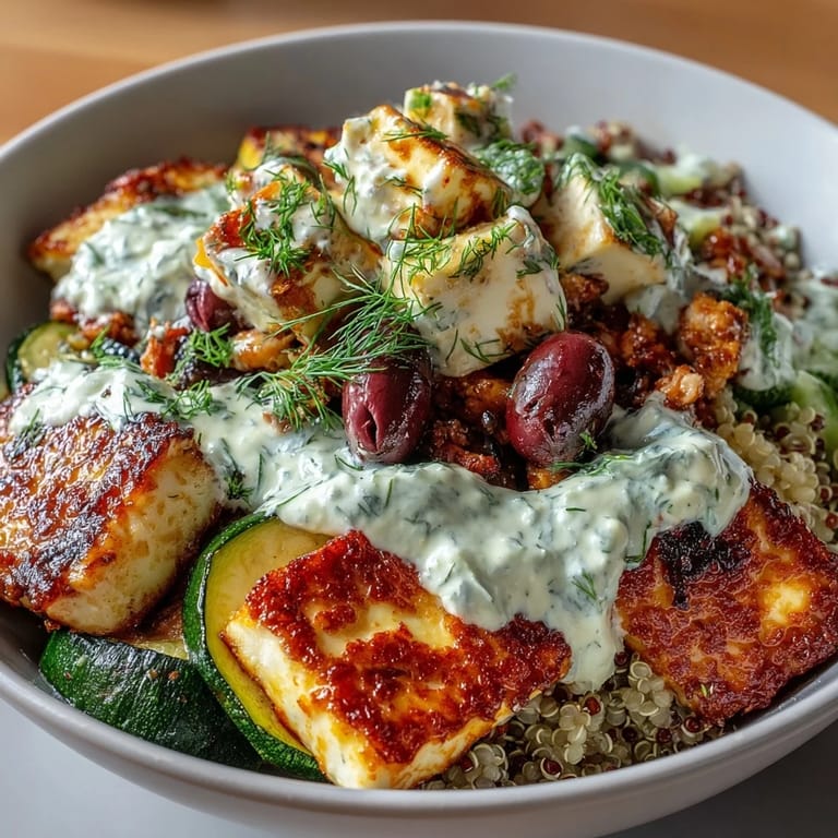 Sizzling halloumi and colorful veggies rest on quinoa, garnished with olives and fresh parsley.