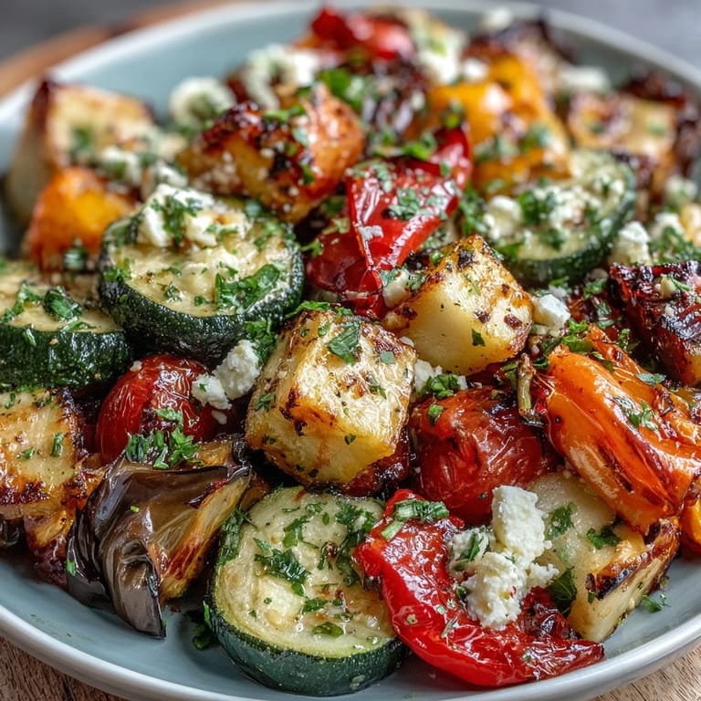 Roasted Mediterranean Greek Vegetables plated with crumbled feta, Kalamata olives, and fresh parsley, drizzled with lemon juice for a bright, savory finish.