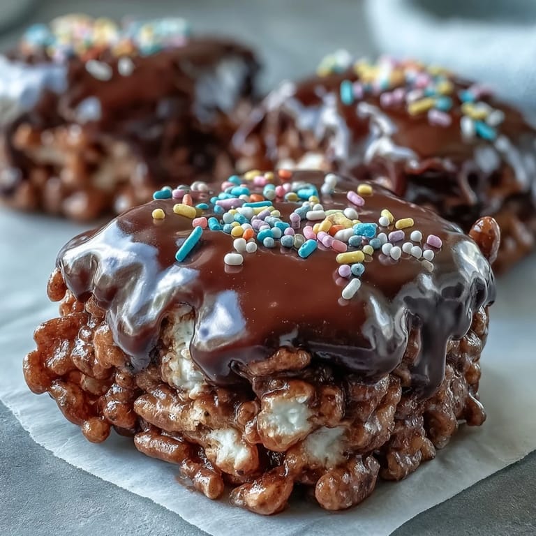 Four stacked squares of Chocolate Covered Rice Krispy Treats, highlighting the rich chocolate coating and crunchy texture against a white background.