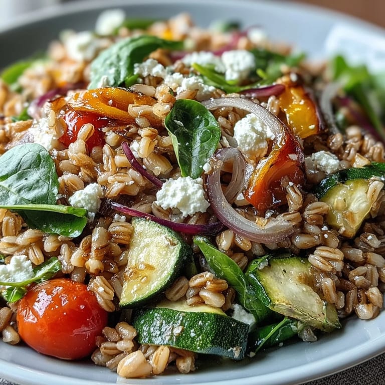 A close-up of a Farro Pasta Bowl tossed with spinach and zesty lemon olive oil dressing.
