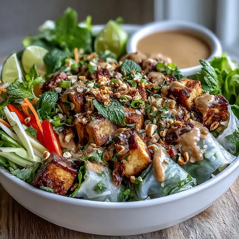 Hearty deconstructed Rice Paper Roll Bowl features pan-seared tofu, cool cucumber ribbons, crunchy red cabbage, and a drizzle of spicy peanut-lime dressing for a fresh Vietnamese-inspired meal.