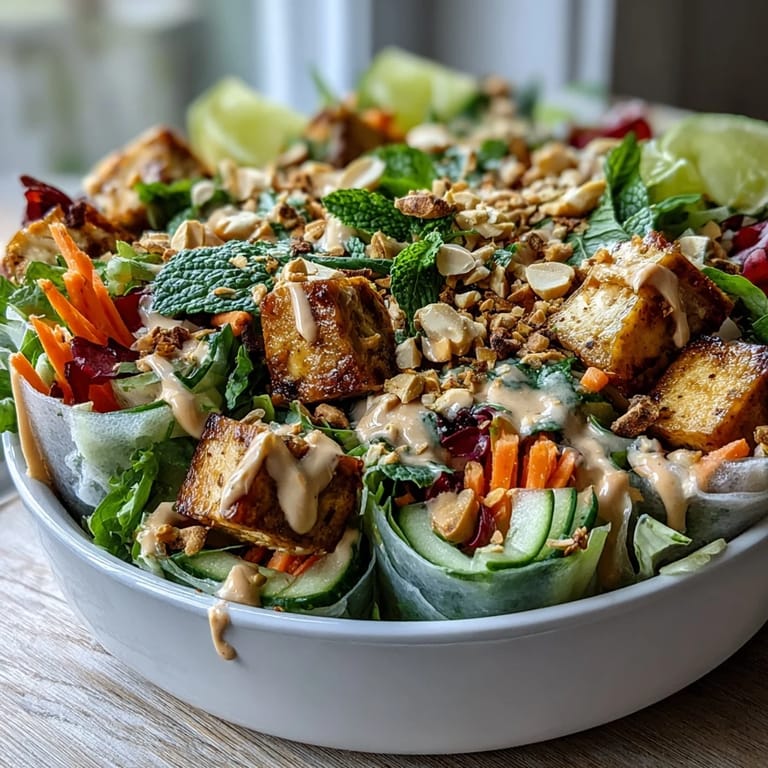 Colorful Rice Paper Roll Bowl with succulent shrimp, vibrant bell peppers, fresh mint, cilantro, and crushed peanuts, perfect for a light weeknight dinner topped with savory peanut sauce.