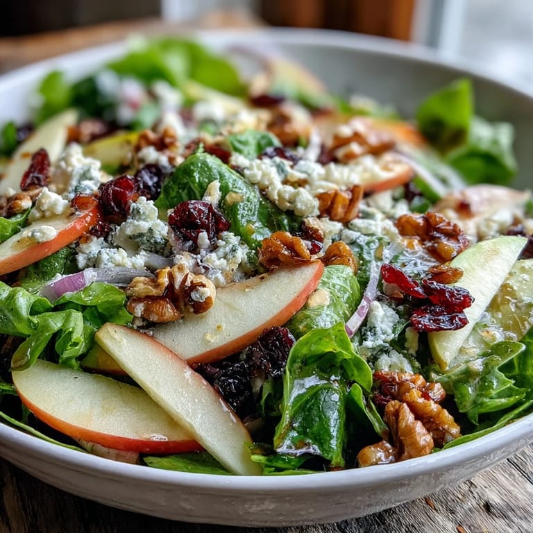 Close-up of a healthy Mixed Greens and Apple Bowl featuring creamy feta, crunchy walnuts, and a bright apple cider dressing on vibrant greens.