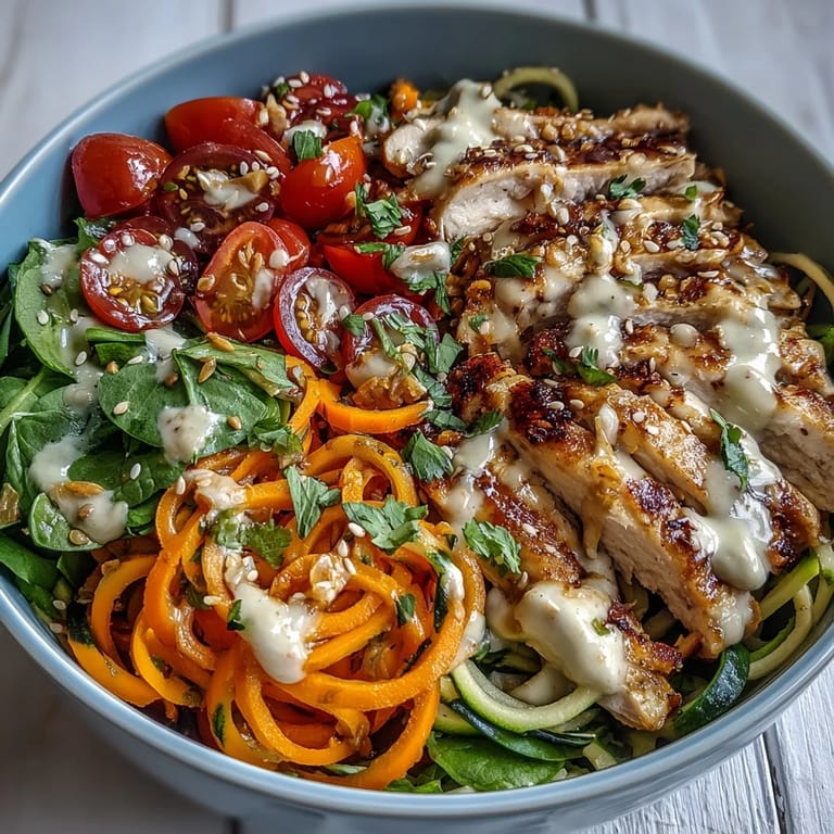 A hearty Spiralized Vegetable Bowl showcases spiralized noodles topped with grilled chicken slices and a creamy tahini drizzle.