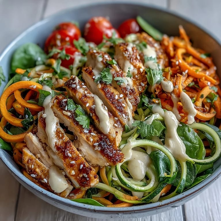 Two serving bowls of Spiralized Vegetable Bowl garnished with fresh parsley and sesame seeds, ready for a nutritious family dinner.