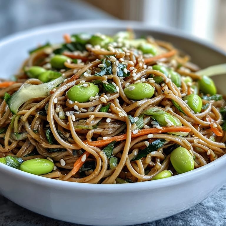 A vibrant Soba Noodle Bowl garnished with herbs, served with chopsticks for a refreshing vegetarian lunch.