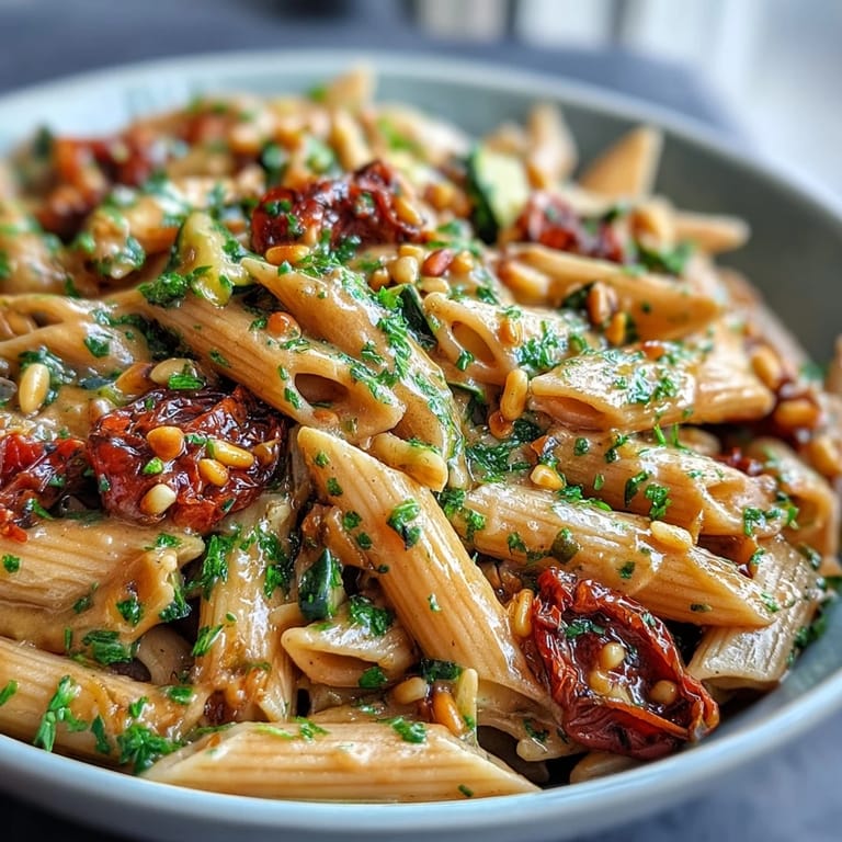 Close-up of a Whole Wheat Pasta Bowl garnished with toasted pine nuts and fresh parsley