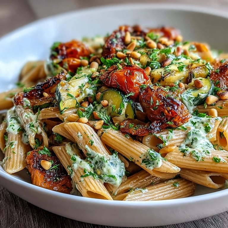 Steaming Whole Wheat Pasta Bowl with colorful roasted vegetables served in a ceramic dish