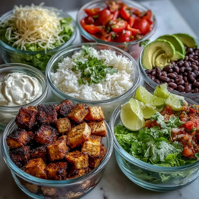 Colorful Meal Prep Burrito Bowl base with corn, tomatoes, and onions, stored in glass containers for easy assembly.
