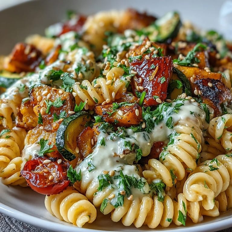 A vibrant bowl of chickpea pasta with roasted Mediterranean vegetables, garnished with fresh parsley and toasted sesame seeds.