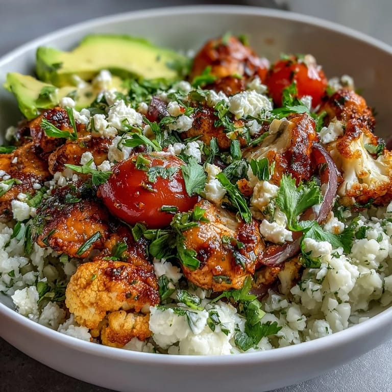 Deconstructed Cauliflower Rice Bowl ingredients arranged for meal prep, featuring chicken, cherry tomatoes, and feta cheese.