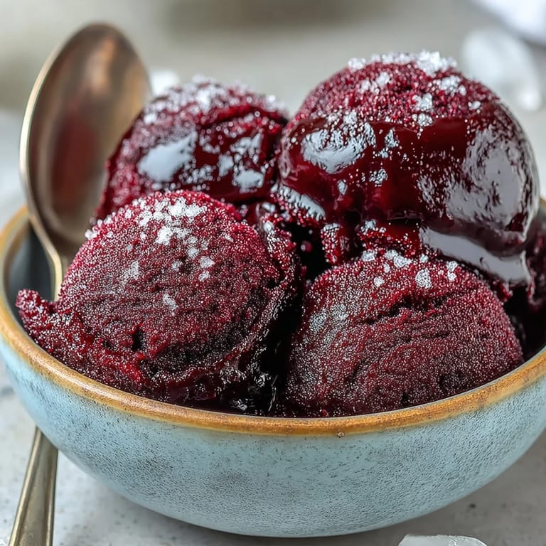 A bowl of vibrant Black Currant Sorbet garnished with fresh black currants, perfect for a refreshing summer dessert.