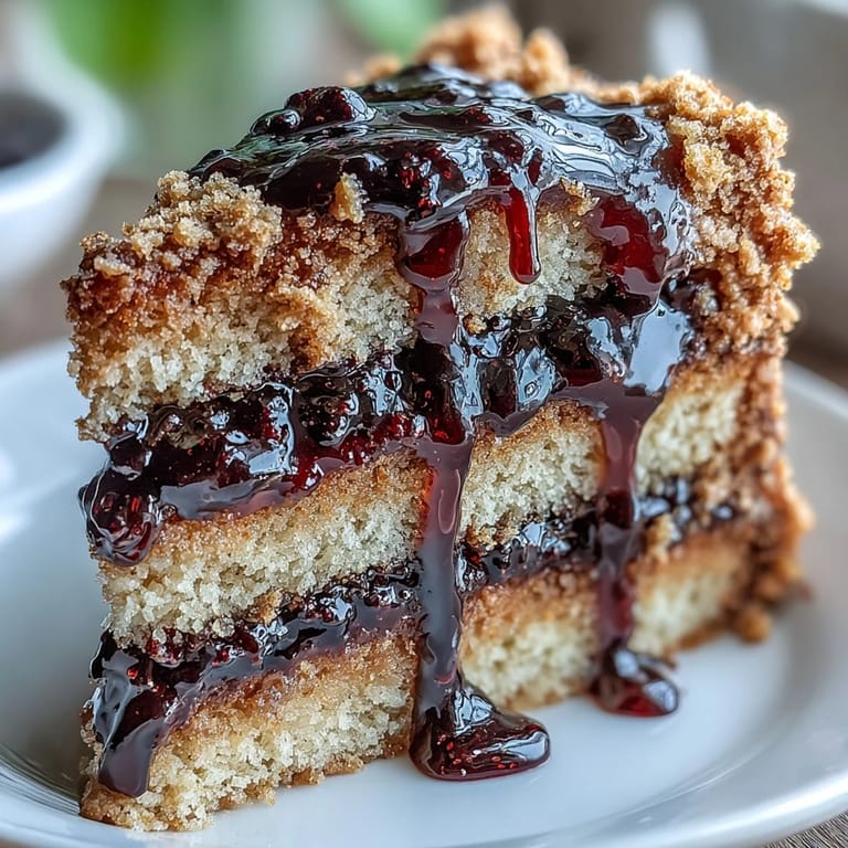 Golden PB and J Cake slices on a white plate with a pitcher of luscious black currant sauce nearby. 