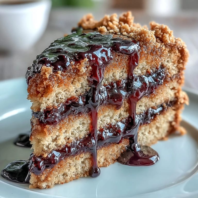 Moist peanut butter cake with a hidden black currant jam center, served with warm, glossy fruit sauce.