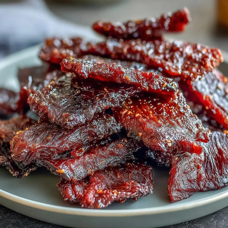 Thin slices of Black Currant Smoky Jerky arranged neatly on a white plate, ready to be enjoyed as a snack.