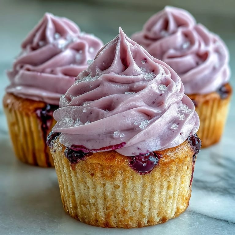 Close-up view of olive oil cupcakes with black currant frosting, showing moist crumb and creamy purple swirls on a marble countertop.
