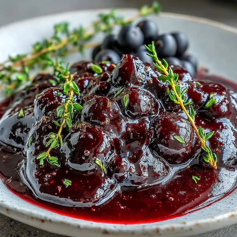 Warm Black Currant Reduction simmering in a saucepan, showing dark glossy texture and steam rising from the mixture.