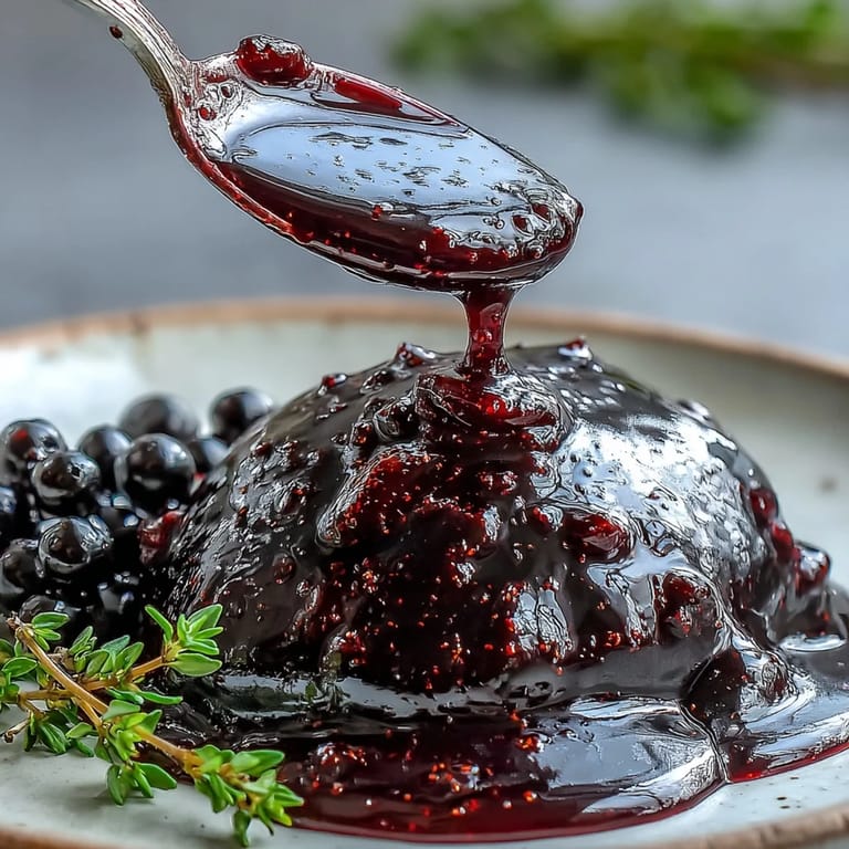 Small white bowl filled with rich Black Currant Reduction beside a charcuterie board and glasses of red wine.