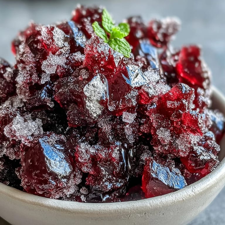 Spoonfuls of Black Currant Granita show the jewel-toned, crystalline texture of this refreshing frozen Italian dessert.