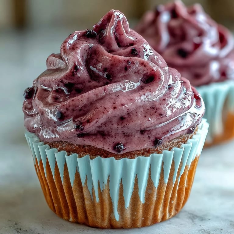 Dark purple Black Currant Frosting spread on a layer cake slice beside a cup of tea.