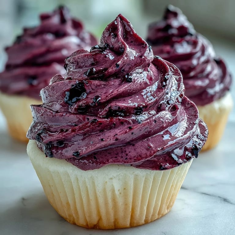 Glossy Black Currant Frosting swirled on cupcakes with fresh black currants and mint garnish.