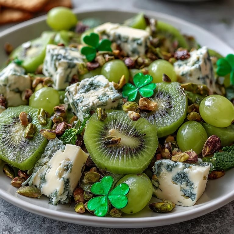 Vibrant St. Patricks Day green food board with colorful veggies, creamy dips, and savory snacks for a healthy celebration.