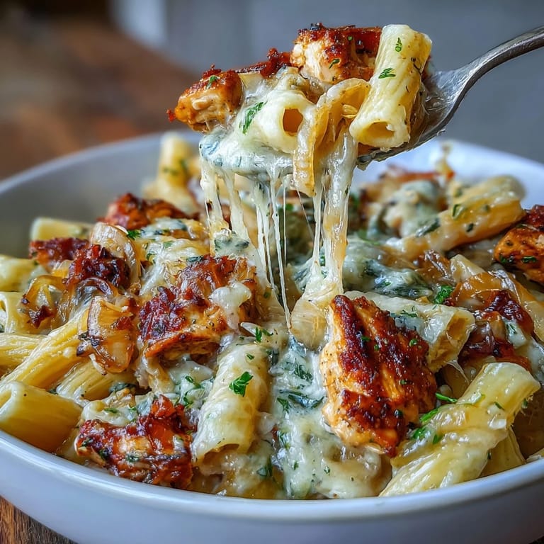 Tender chicken and penne pasta simmered in savory broth with sweet caramelized onions, topped with bubbling Gruyère and Parmesan.