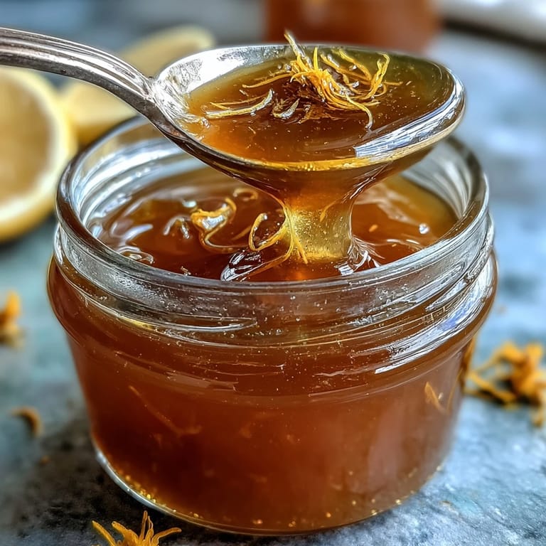 A jar of dandelion jelly with lemon and honey, perfect for spreading on warm toast or scones for a unique, foraged treat.