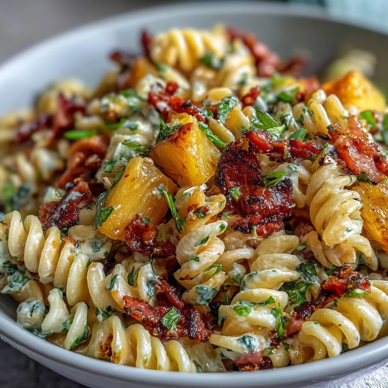 Refreshing Hawaiian pasta salad featuring diced ham, juicy pineapple, and crisp vegetables, all tossed in tangy ranch dressing.