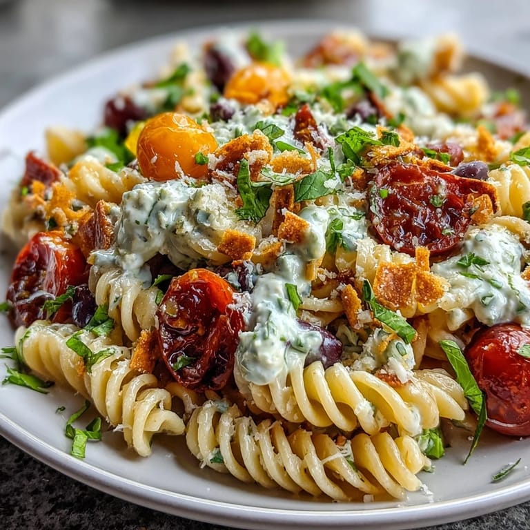 Easy Taco Pasta Salad with rotini, cherry tomatoes, and shredded cheddar, topped with crushed tortilla chips for a satisfying Tex-Mex flavor.
