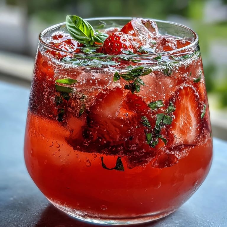 Cool and refreshing strawberry basil lemonade mocktail pitcher, featuring bright red strawberries and green basil in a clear glass pitcher.
